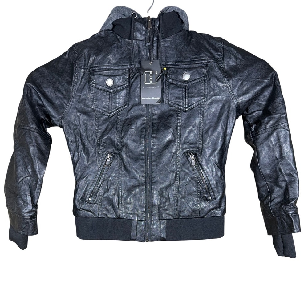 Hoffen Black Faux Leather Hooded Bomber Jacket Faux Fur Lined Small NEW